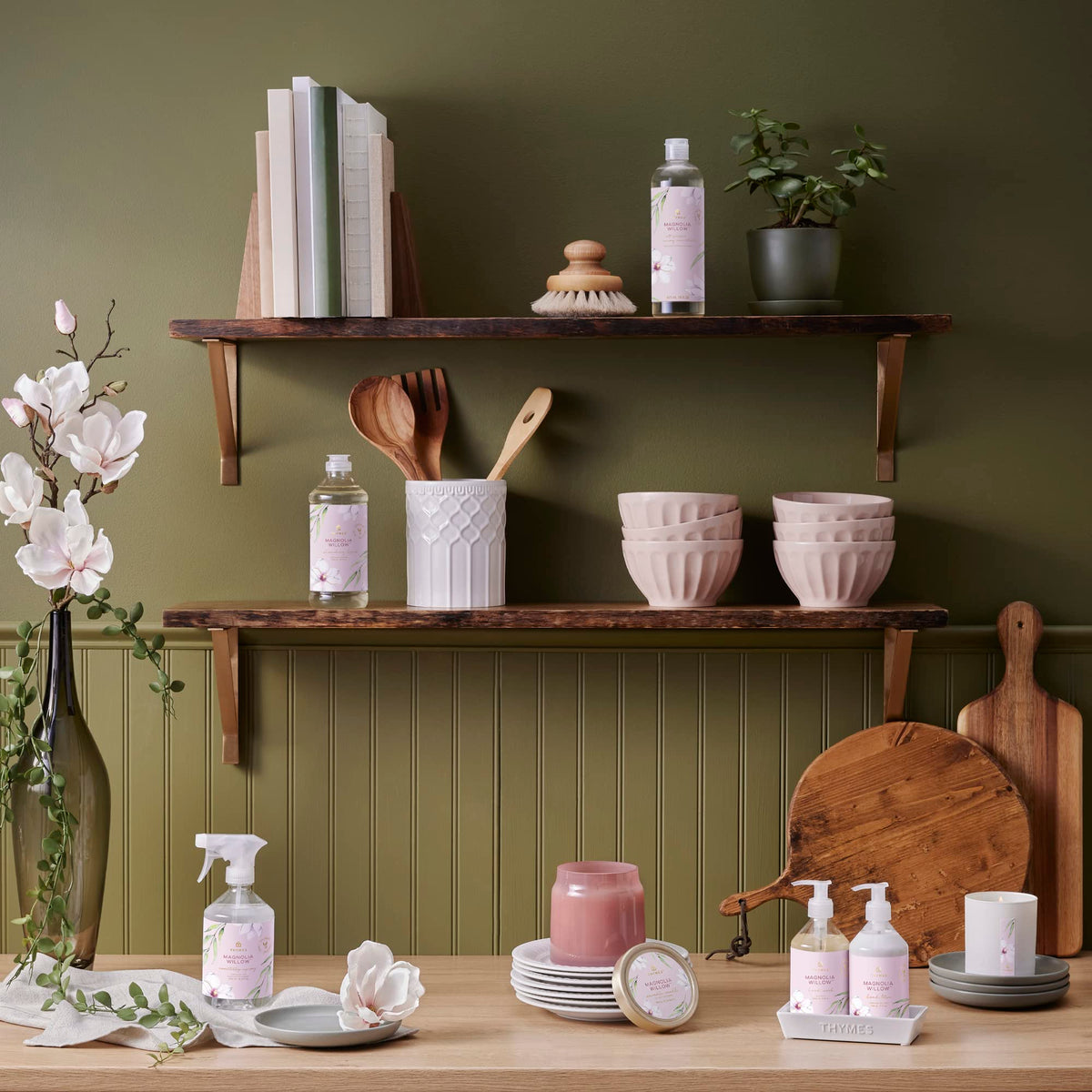 Thymes Magnolia Willow bathroom scene with hand wash for a spa-like feel