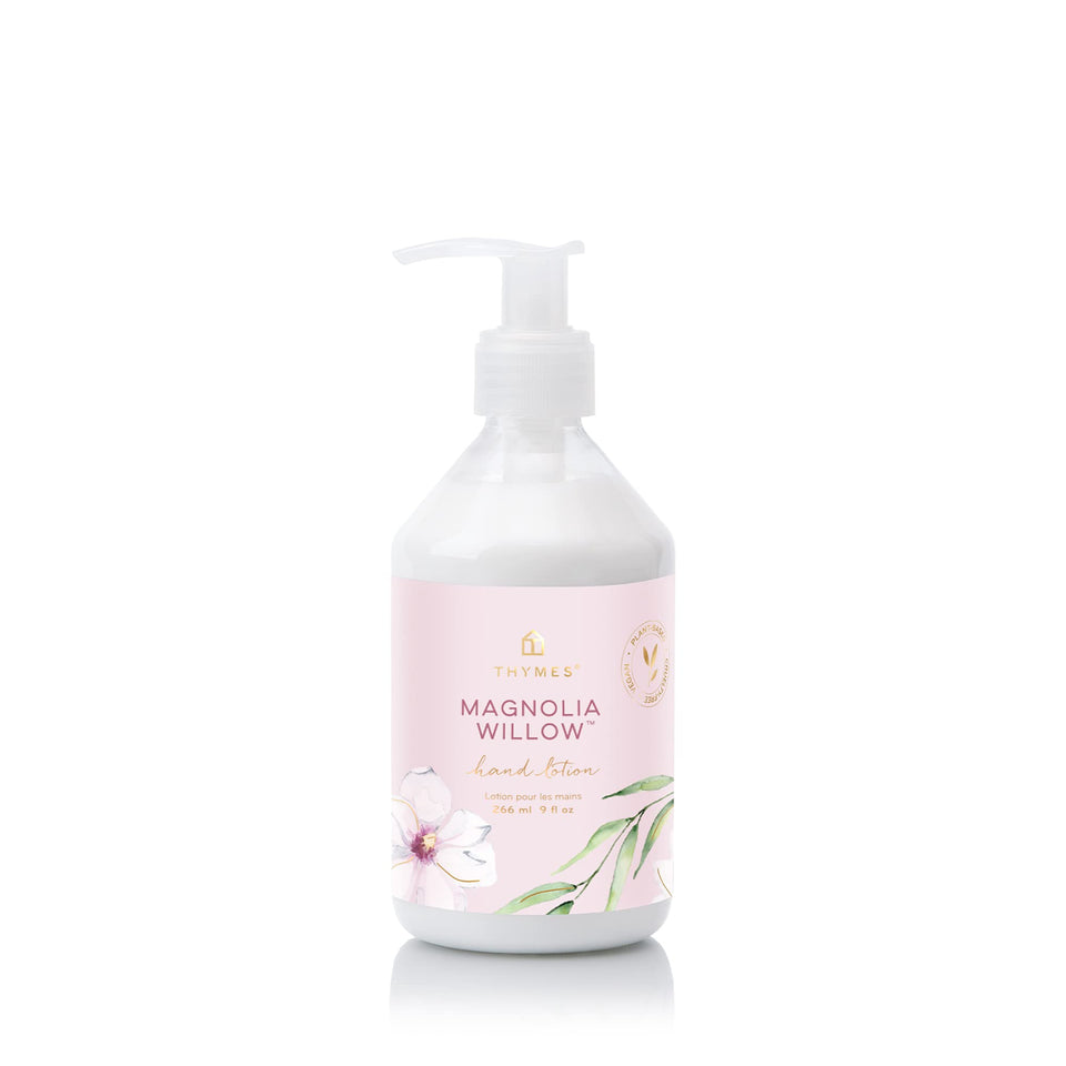Thymes Magnolia Willow hand lotion bottle for daily hydration and fragrance.