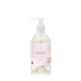 Thymes Magnolia Willow hand wash pump bottle showing a hydrating cleanse and elegant design