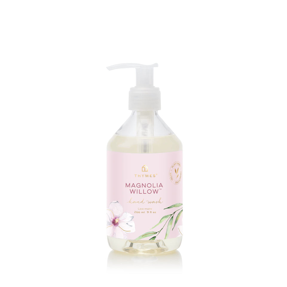Thymes Magnolia Willow hand wash pump bottle showing a hydrating cleanse and elegant design