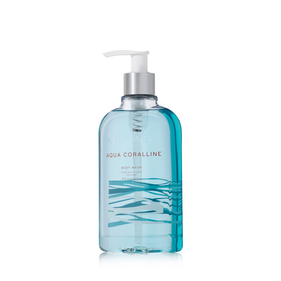 Thymes Moisturizing Body Wash pump bottle with Aqua Coralline scent for a refreshing cleanse.