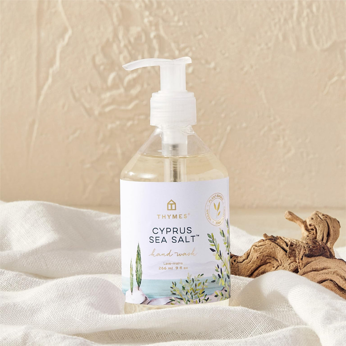 Close-up of Thymes moisturizing hand soap pump showing creamy lather and skin-friendly hydration.