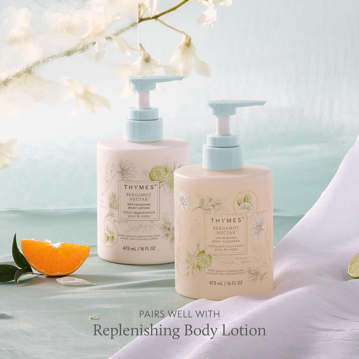 Thymes Nourishing Body Cleanser panthenol nourishes softer skin after shower.