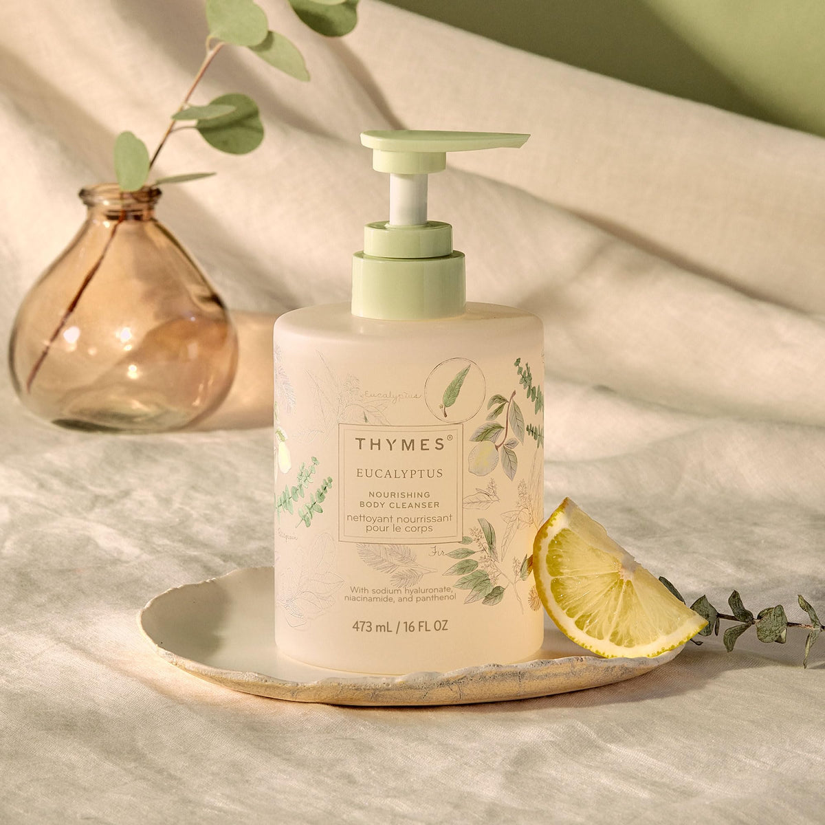 Thymes Nourishing Body Cleanser rich lather highlights gentle cleansing.