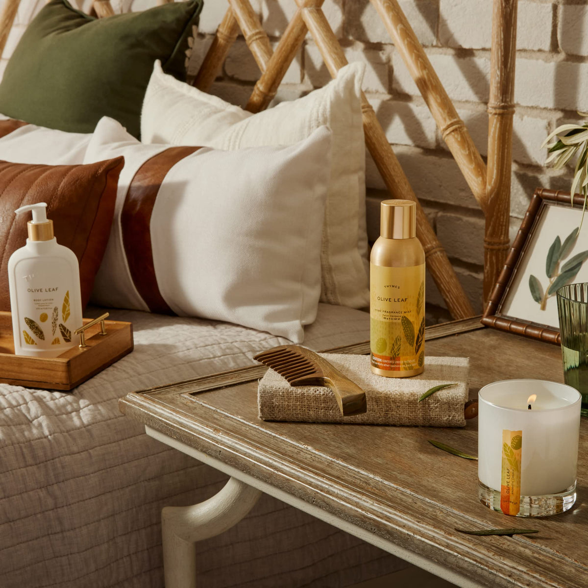 Thymes Olive Leaf fragrance with patchouli delivers a fresh, botanical scent.