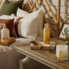Thymes Olive Leaf fragrance with patchouli delivers a fresh, botanical scent.