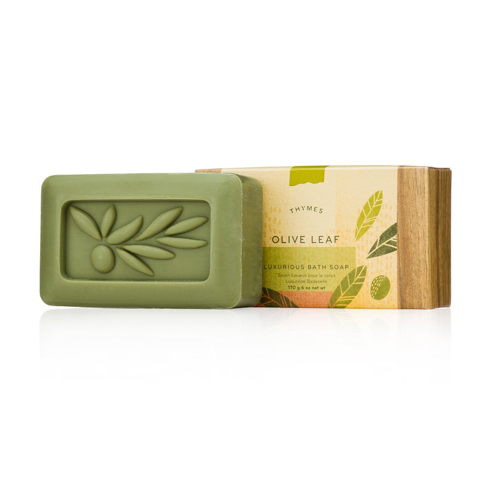 Thymes Olive Leaf Bath Soap bar delivers rich hydration for cleansing