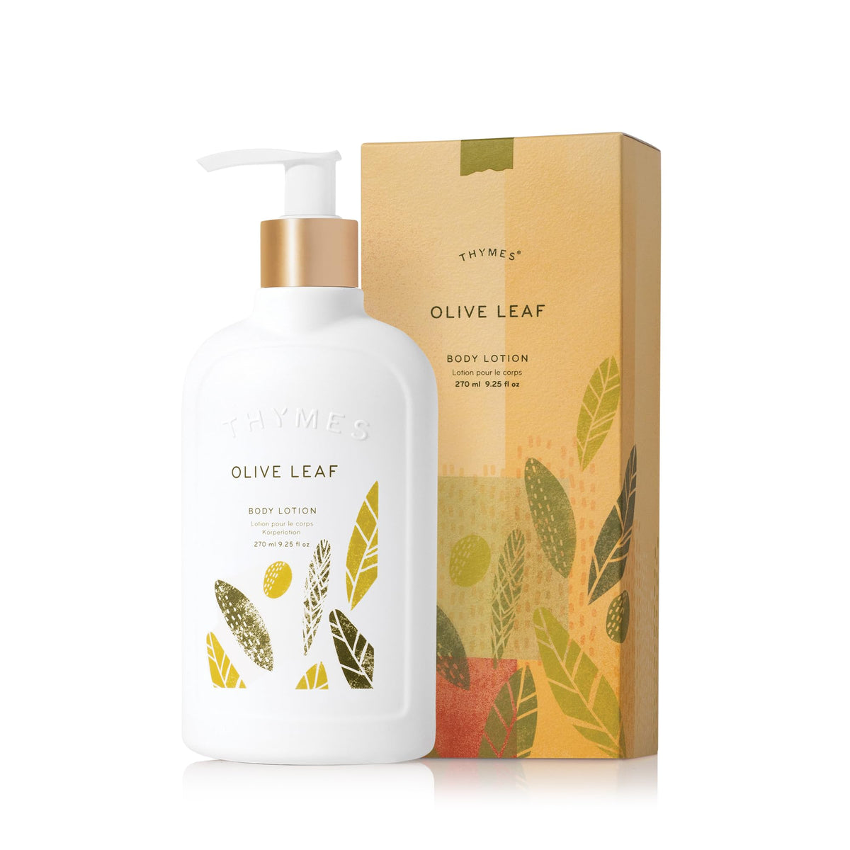 Thymes Olive Leaf Body Lotion bottle shows a hydrating formula and sleek packaging.