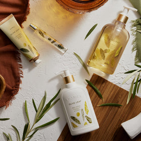 Thymes Olive Leaf Scent close-up highlights herbaceous notes for mood uplift.