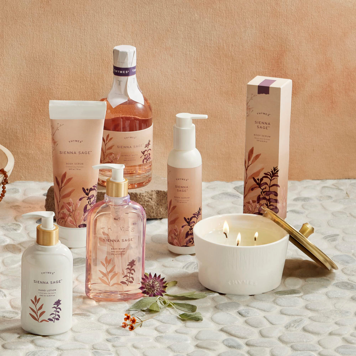 Thymes Sienna Sage label on hand lotion bottle.