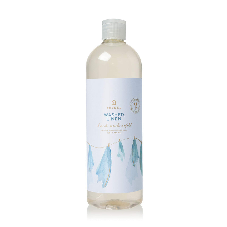 Thymes Washed Linen refill bottle shows moisturizing hand wash for daily use