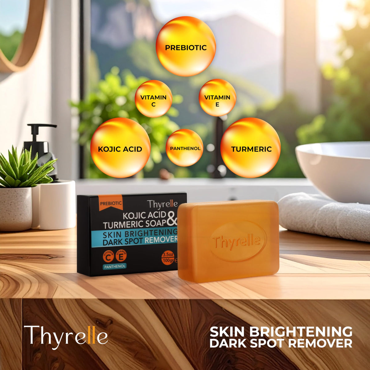 Thyrelle Kojic Turmeric Soap bar closeup highlights texture and glow