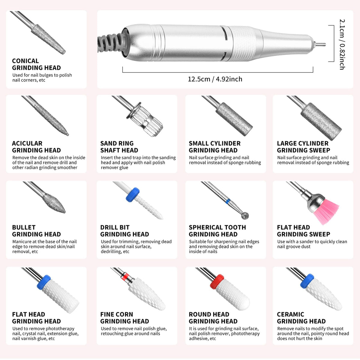 Tiandirenhe nail drill kit with 13 bits and 56 sanding bands for versatile tasks