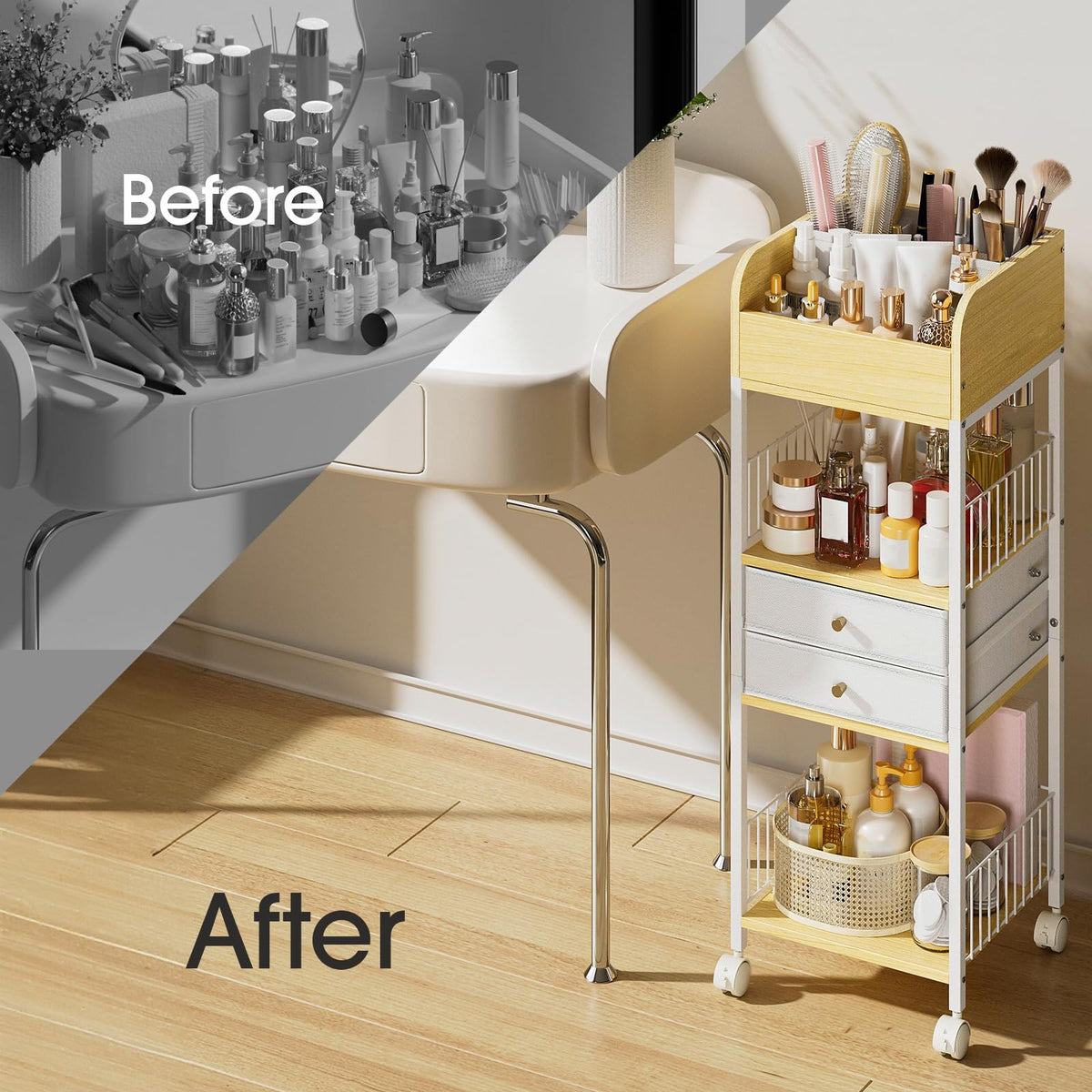 TidyStash cosmetics base drawer cart holds tall bottles comfortably.