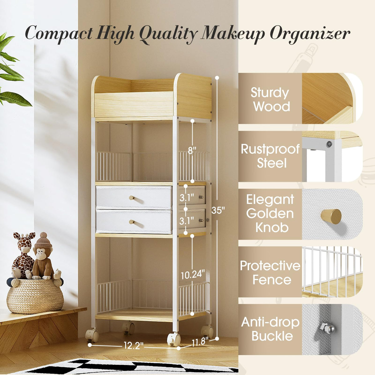 TidyStash dorm room vanity cart fits small spaces with flexible storage.