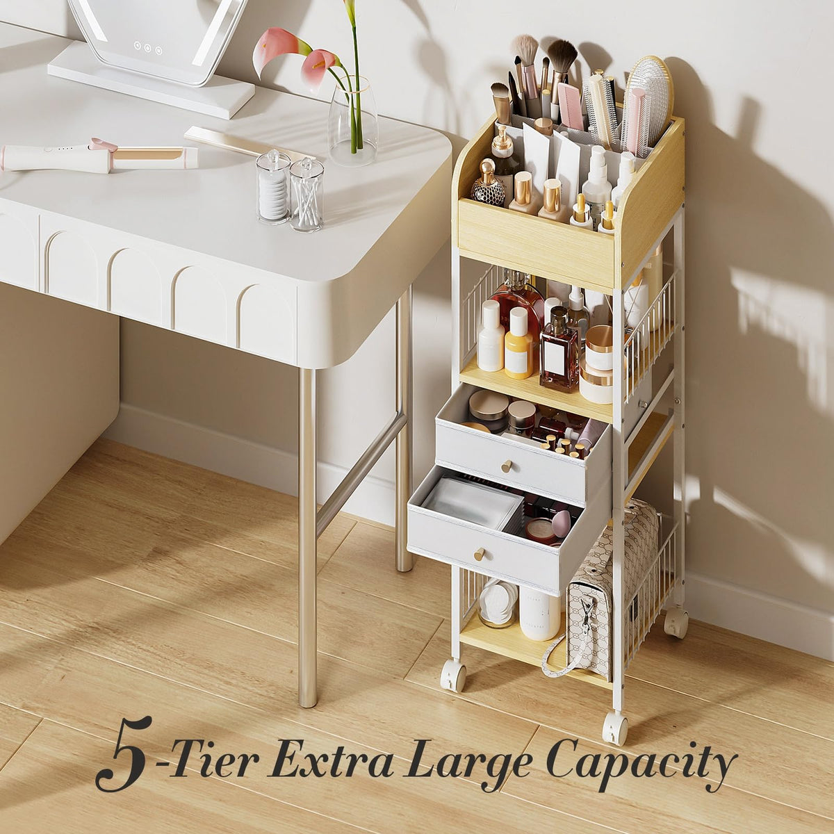 TidyStash white metal wood storage cart complements various decors while providing versatile storage.