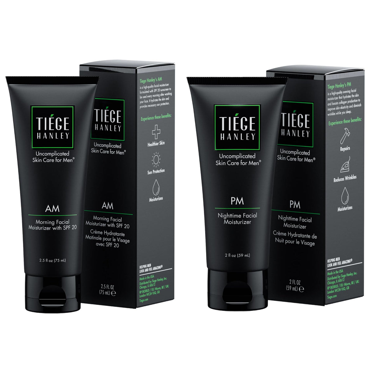 Tiege Hanley AM Moisturizer SPF 20 bottle provides daytime hydration and sun protection.