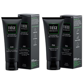Tiege Hanley AM Moisturizer SPF 20 bottle provides daytime hydration and sun protection.