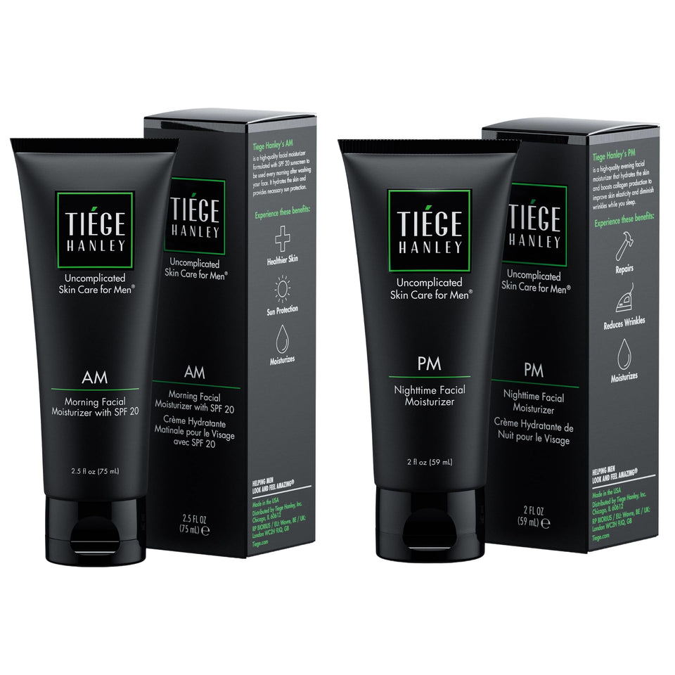 Tiege Hanley AM Moisturizer SPF 20 bottle provides daytime hydration and sun protection.
