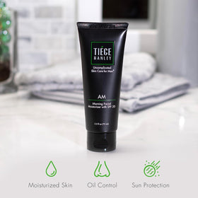 Tiege Hanley AM Moisturizer texture closeup shows light, non-greasy feel for comfortable wear.