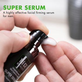 Tiege Hanley anti-aging serum pump close-up showing easy, controlled dispensation.