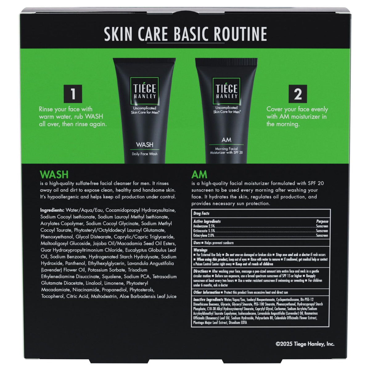 Tiege Hanley AM moisturizer with SPF 20 highlights daily sun protection.