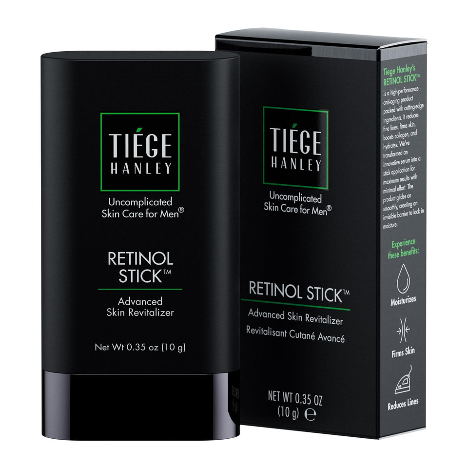 Tiege Hanley Retinol Stick on the forehead for smoother skin texture