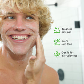 Tiege Hanley Face wash being massaged onto skin for refreshing cleanse.