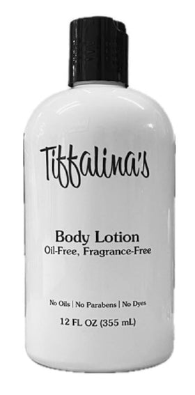 Tiffalina's Oil Free Body Lotion ready for daily dry-skin care use