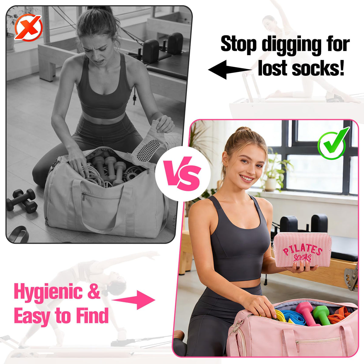 TIFFYONEK bag in-use at studio keeps grip socks organized.
