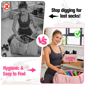 TIFFYONEK bag in-use at studio keeps grip socks organized.