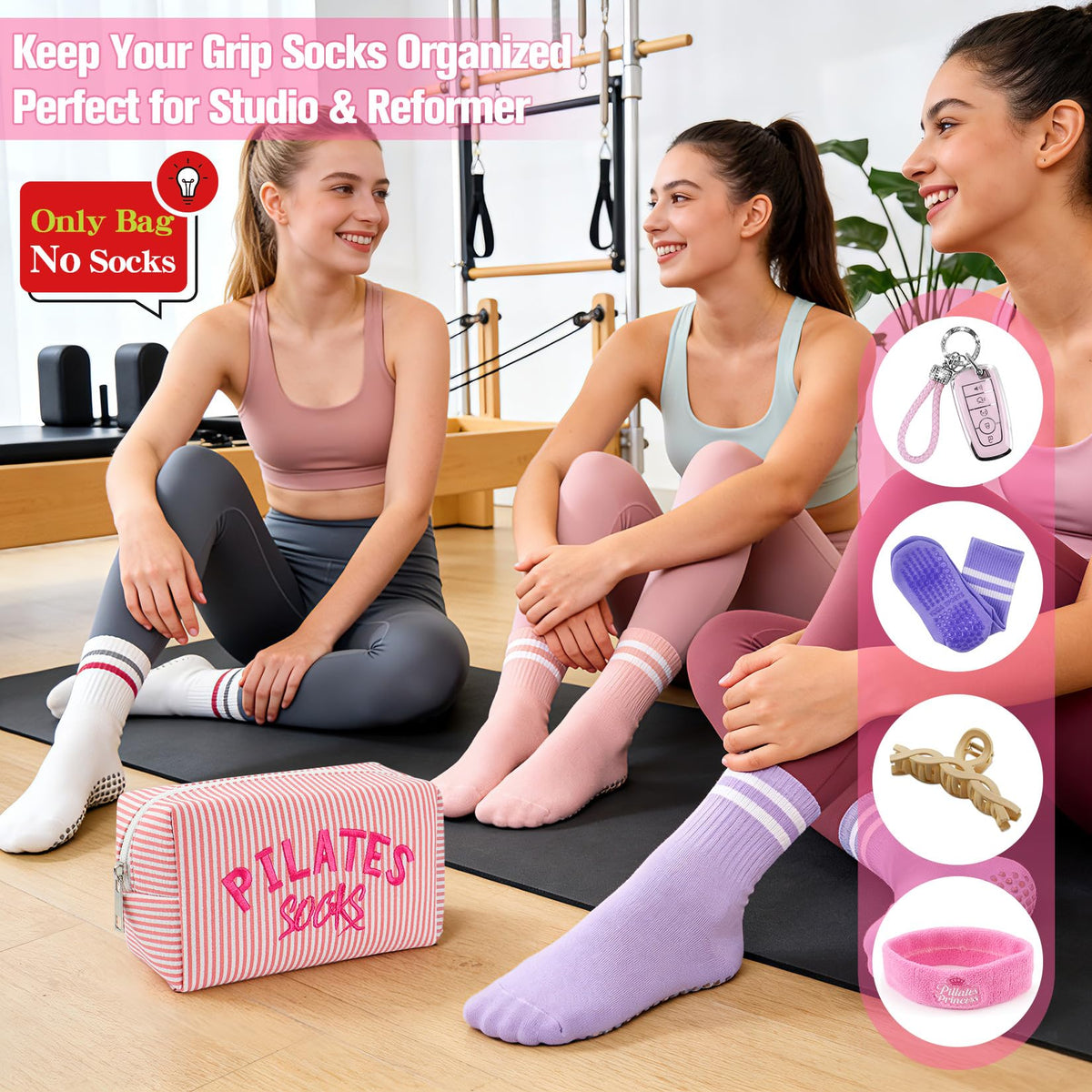 TIFFYONEK Pilates Socks Bag shows pink stripe seersucker fabric for stylish storage.