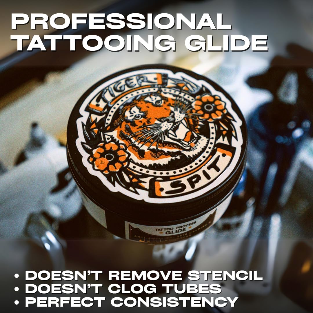 Tiger Spit Tattoo Glide reduces irritation during sessions for client comfort.