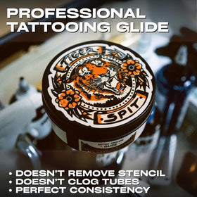 Tiger Spit Tattoo Glide reduces irritation during sessions for client comfort.