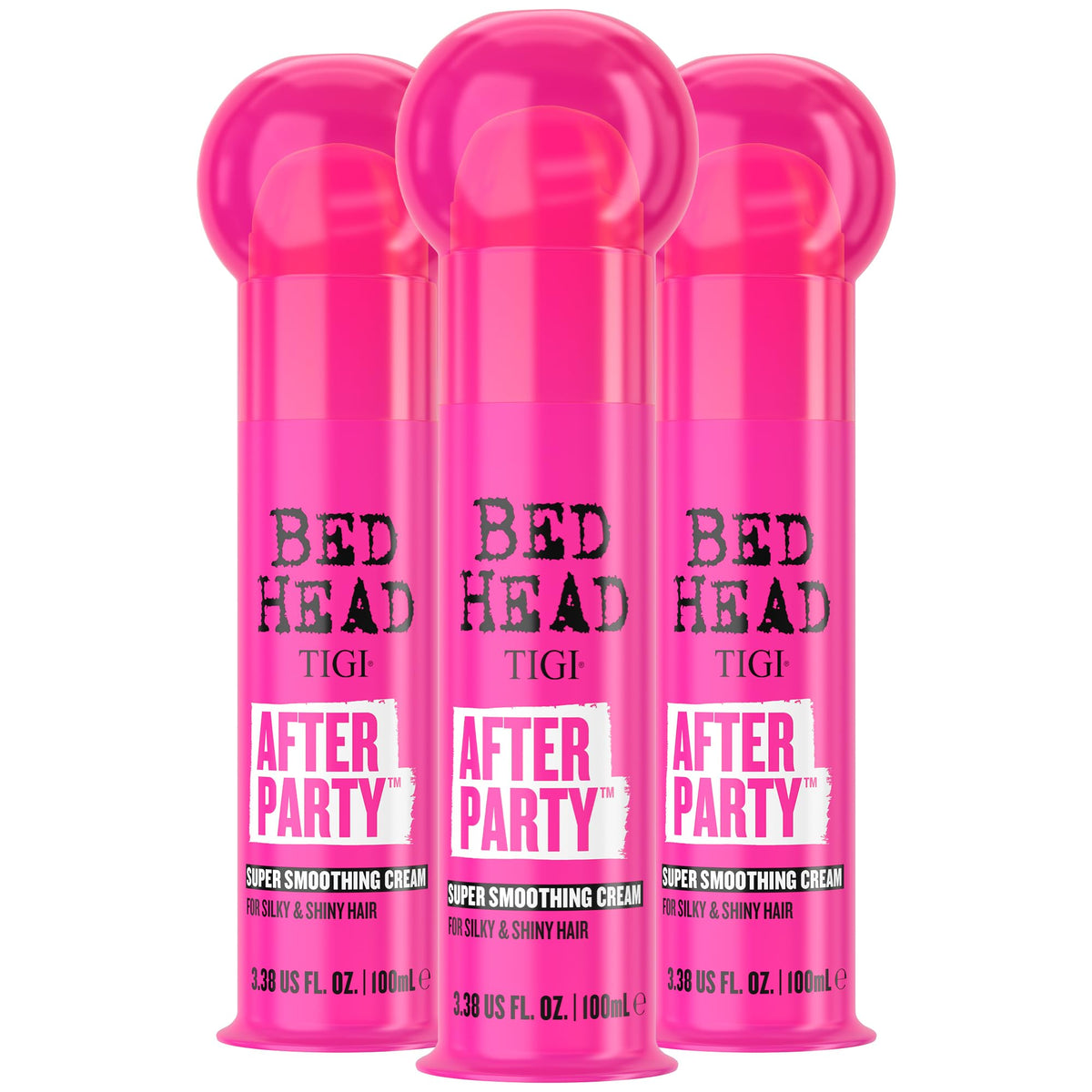 TIGI Bed Head After Party bottle with pump showing easy frizz-control application