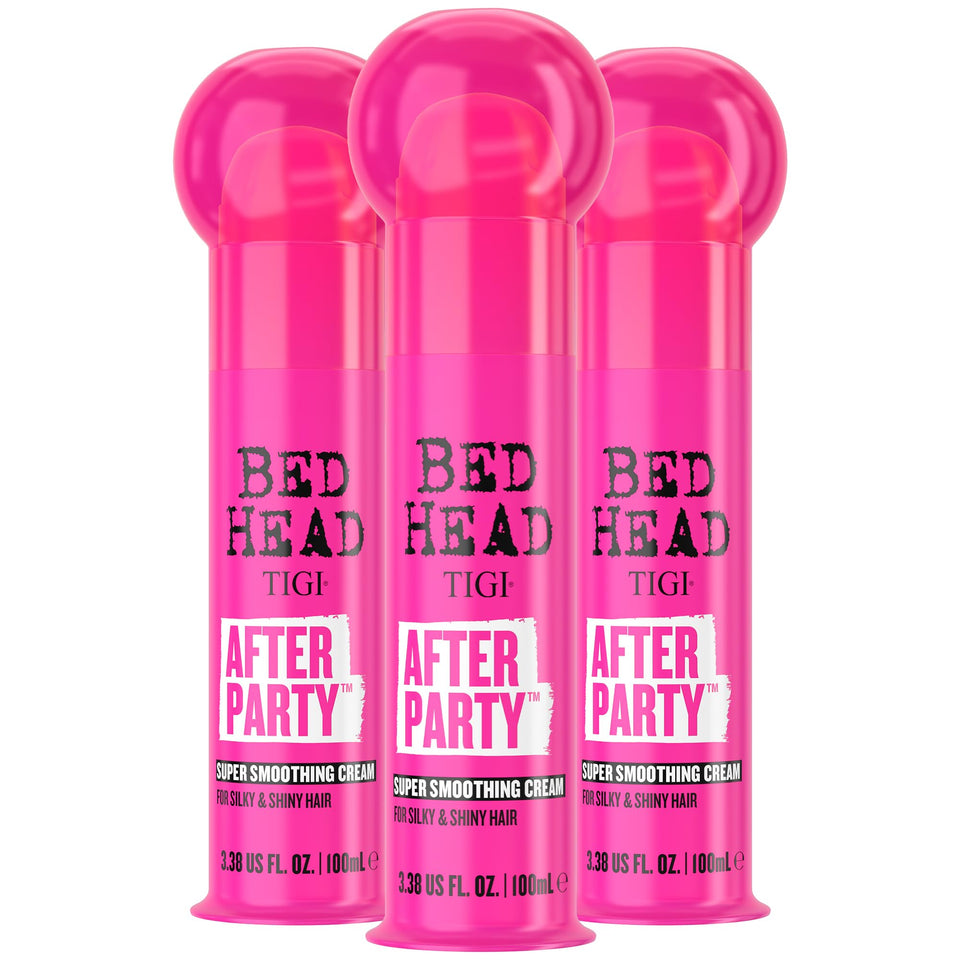 TIGI Bed Head After Party bottle with pump showing easy frizz-control application