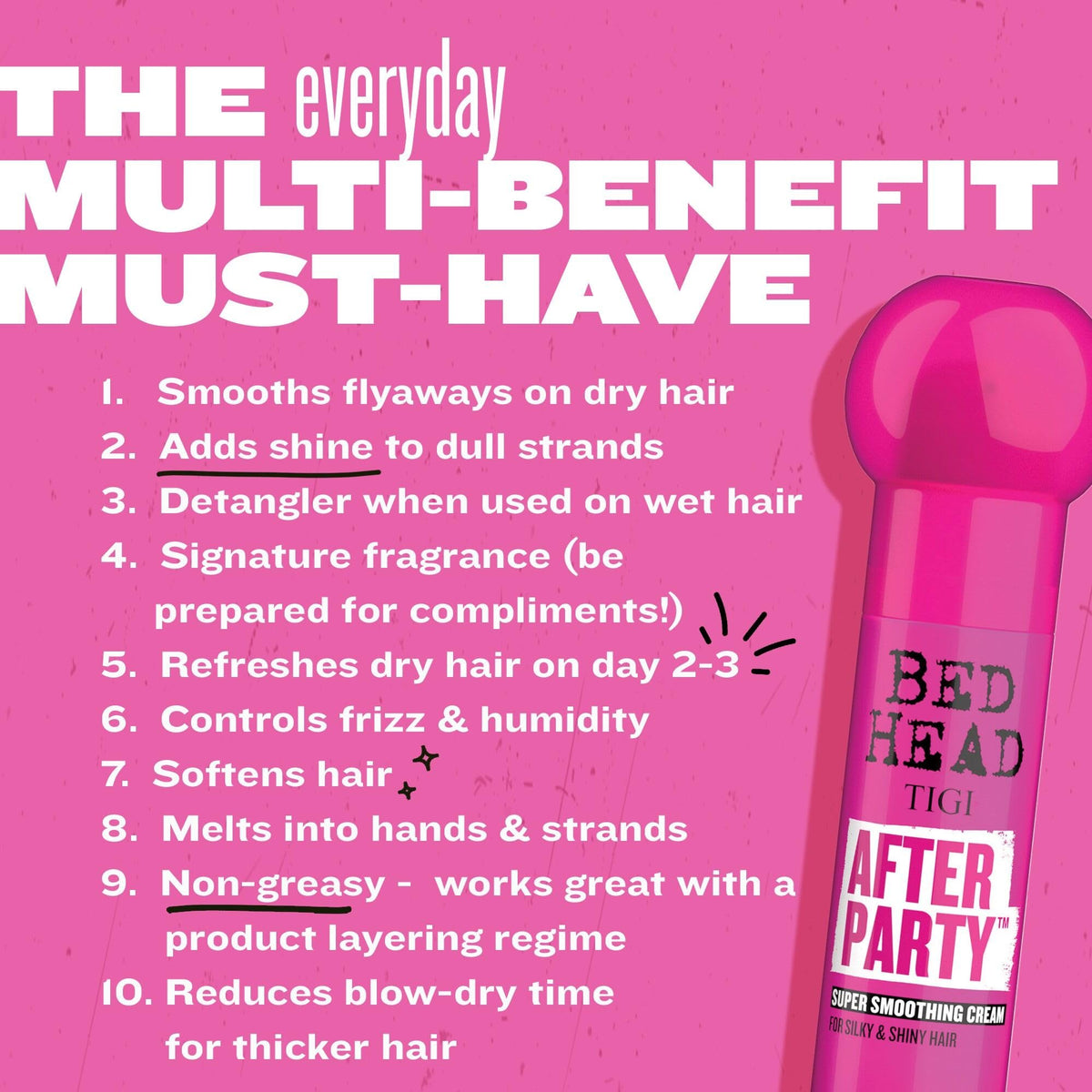 TIGI Bed Head After Party finished dry hair with high sheen.