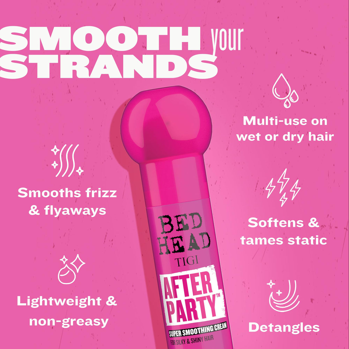 TIGI Bed Head After Party adds shine and gloss to styled hair.