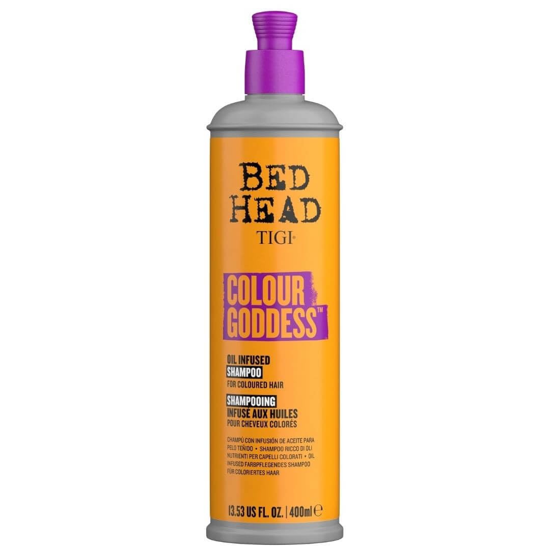 TIGI Bed Head Colour Goddess Shampoo bottle; oil-infused formula safeguards colour and adds shine.