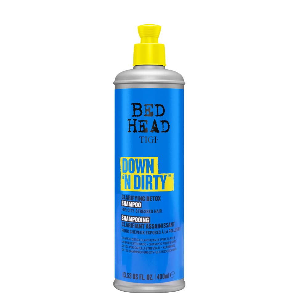 TIGI Bed Head Down N' Dirty detox shampoo bottle with citrus scent for refreshing cleanse