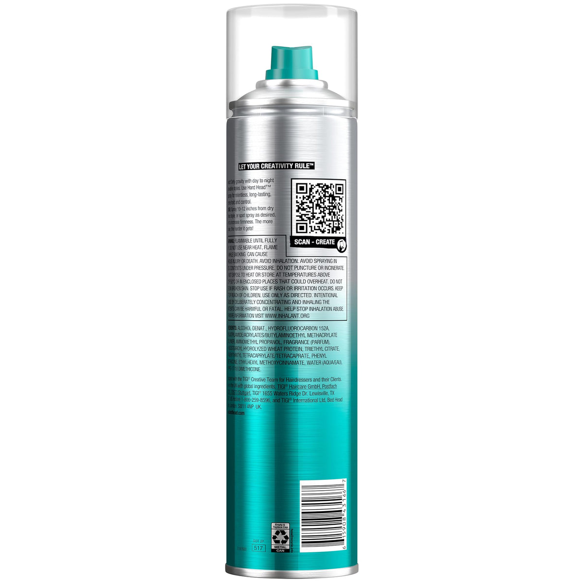 TIGI Bed Head Hard Head Hairspray 4-Pack bottle back highlights all-day control.