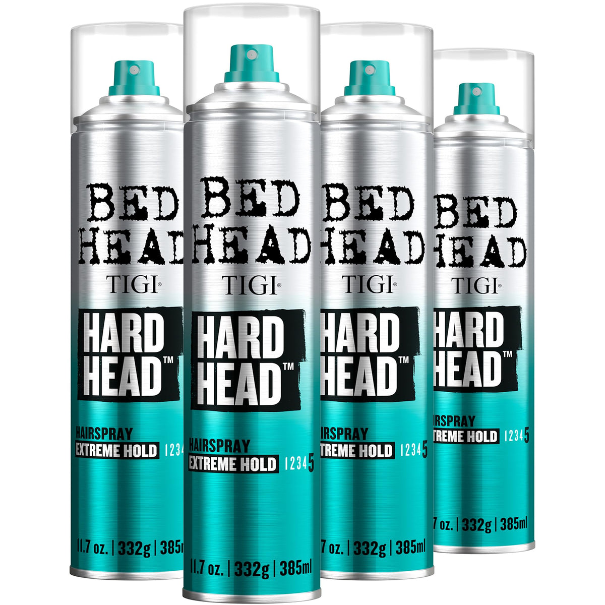 TIGI Bed Head Hard Head Hairspray 4-Pack bottle front showing strong hold and shine.