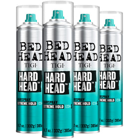 TIGI Bed Head Hard Head Hairspray 4-Pack bottle front showing strong hold and shine.