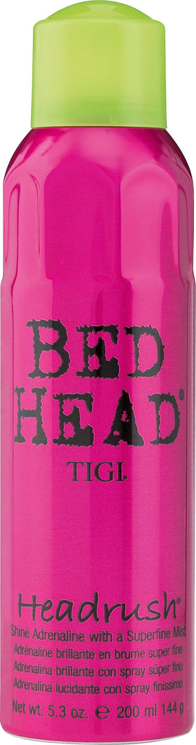 TIGI Bed Head Head Rush Shine Mist bottle delivers glossy finish and easy styling.