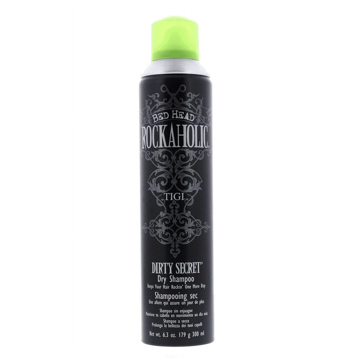TIGI Bed Head Rockaholic Dirty Secret aerosol dry shampoo bottle absorbing oil and refreshing hair.
