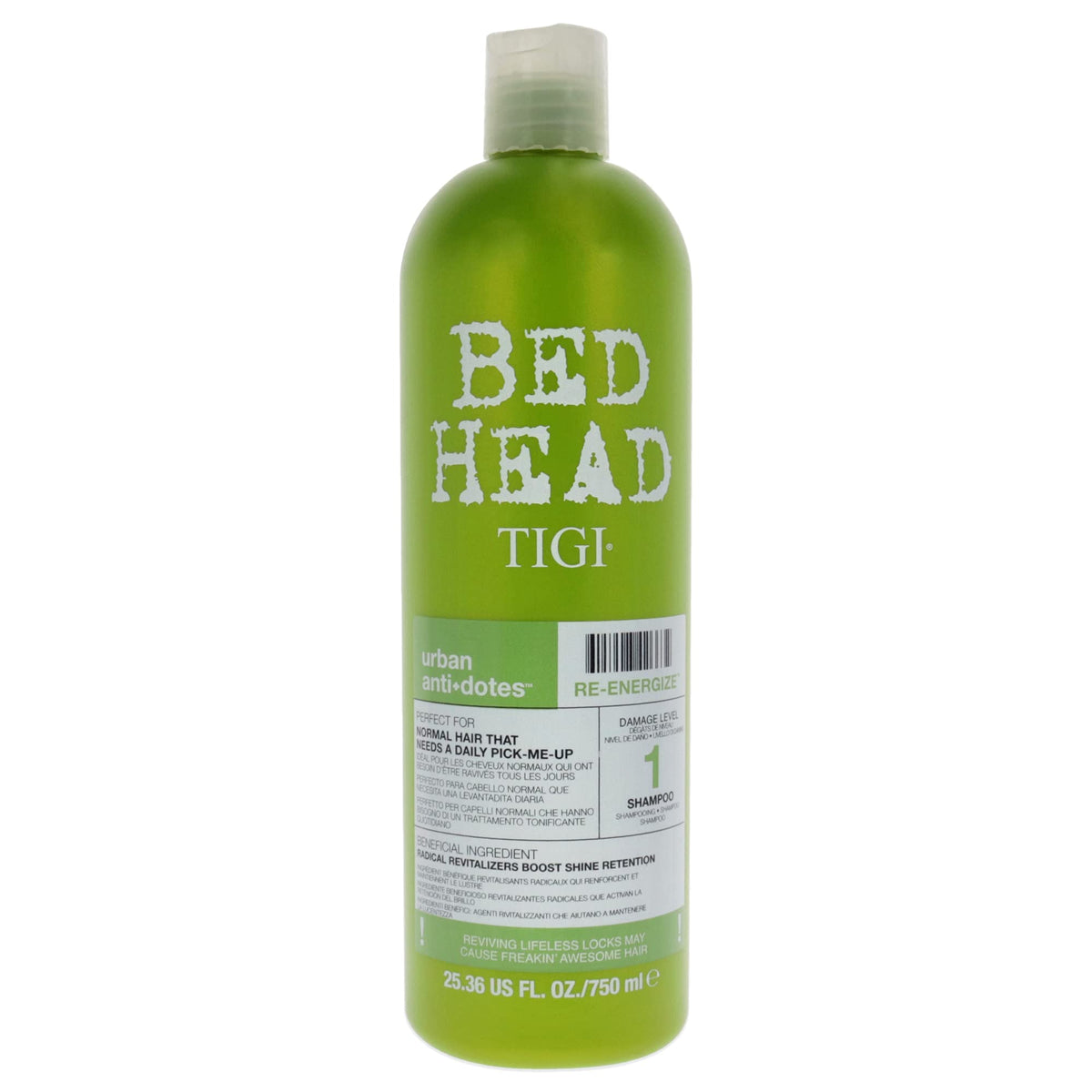 TIGI Bed Head Urban Antidotes Re-Energize shampoo bottle shows hydrating, strengthening shine.