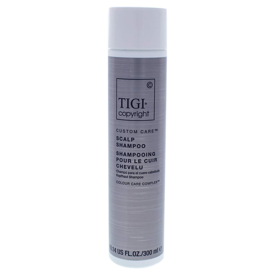 TIGI Scalp Shampoo unisex bottle highlights hydrating, non-greasy formula for dry scalp