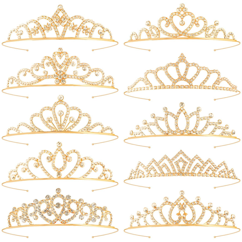 Tihebax 10-piece gold tiara set shines for weddings and birthdays.