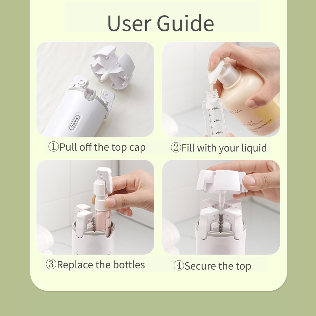 Tilanneo four-compartment bottle stores shampoo, lotion, and more.