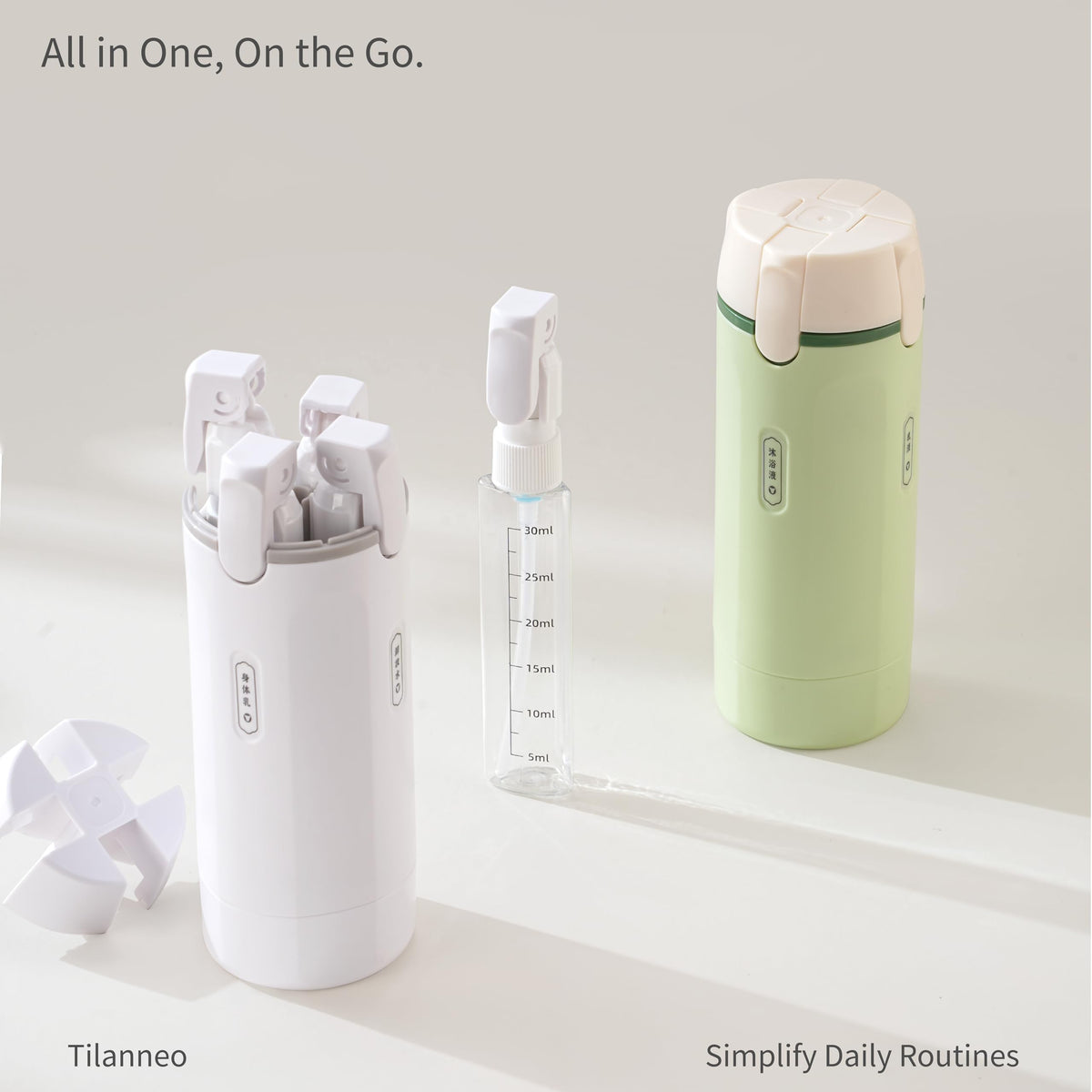 Tilanneo stylish-travel-dispenser showcases compact, elegant design for packing.